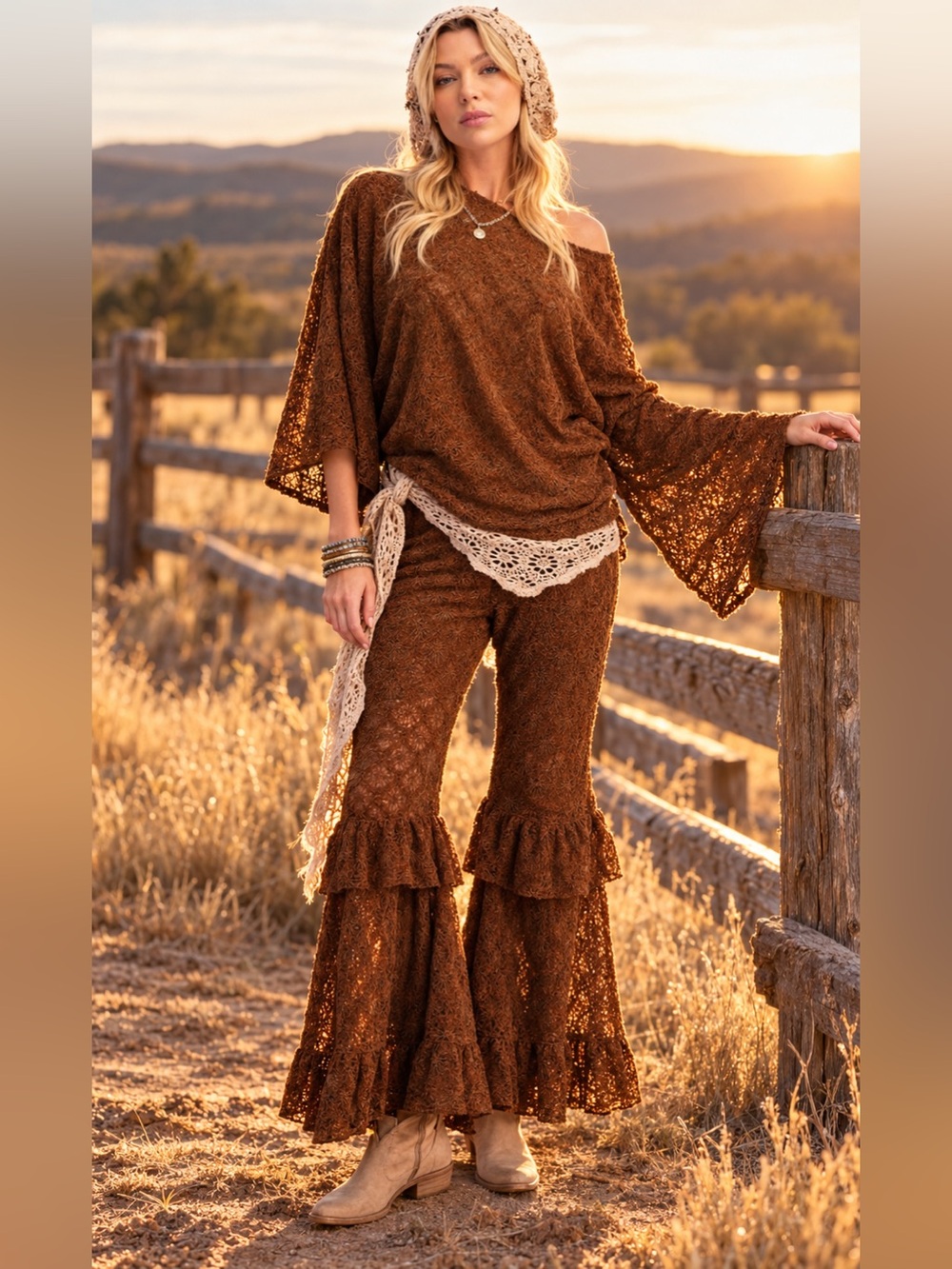Easel Boho Top & Pants - Brown